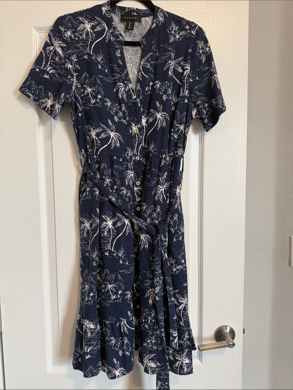 Tahari Navy and White Floral Button-Front Tie-Waist Dress